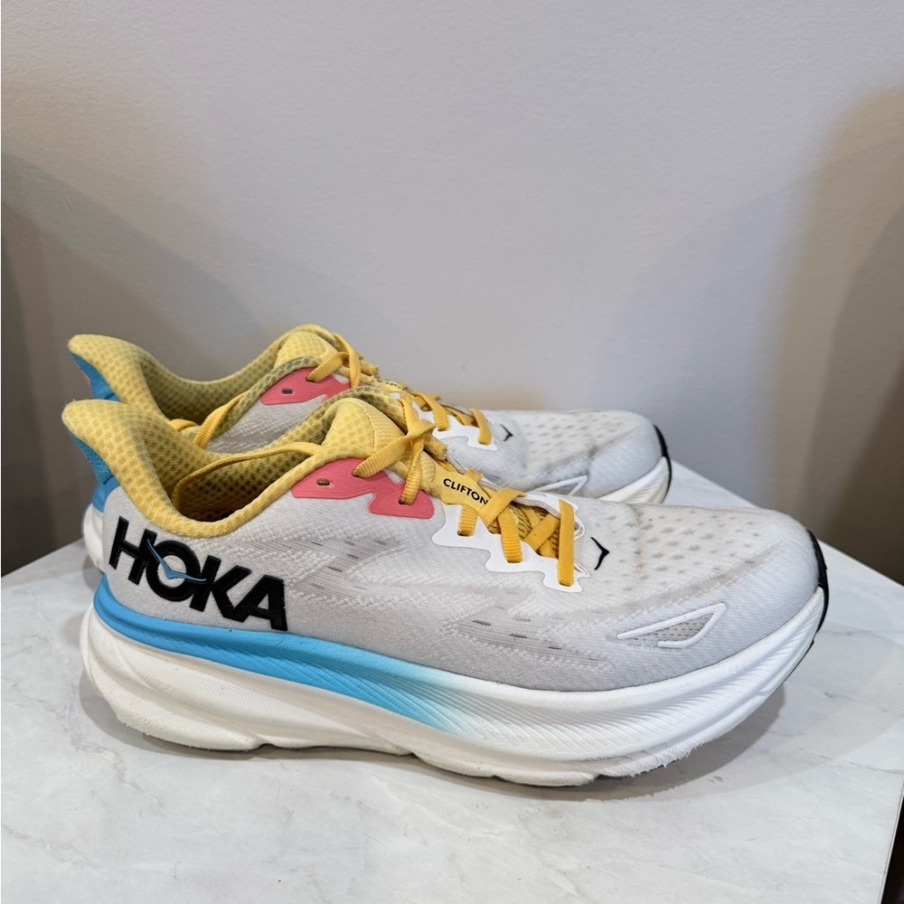 Hoka One One Clifton Women's White with Yellow, Pink & Blue Accents Sneakers